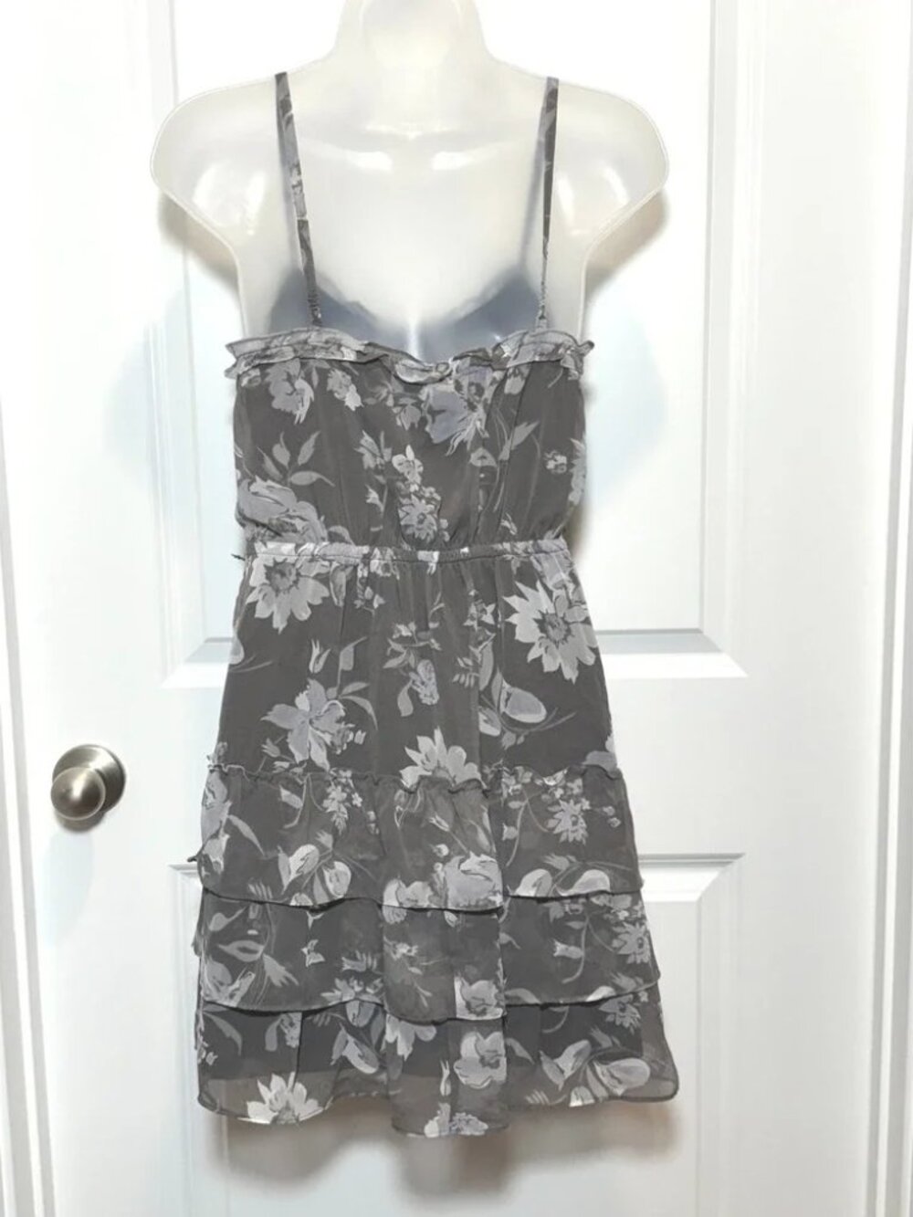 American Eagle Outfitters Gray Floral Ruffle Tiered Mini Dress Women's Small 4